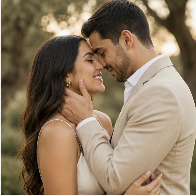 La pareja caminando en el campo